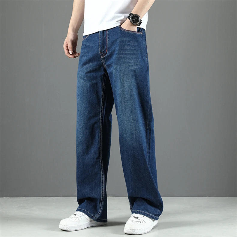 100% Cotton Men's Summer Thin Jeans Classic Straight Baggy Denim Pants Brand Comfortable Casual Trousers Plus Size 42 44 46 48