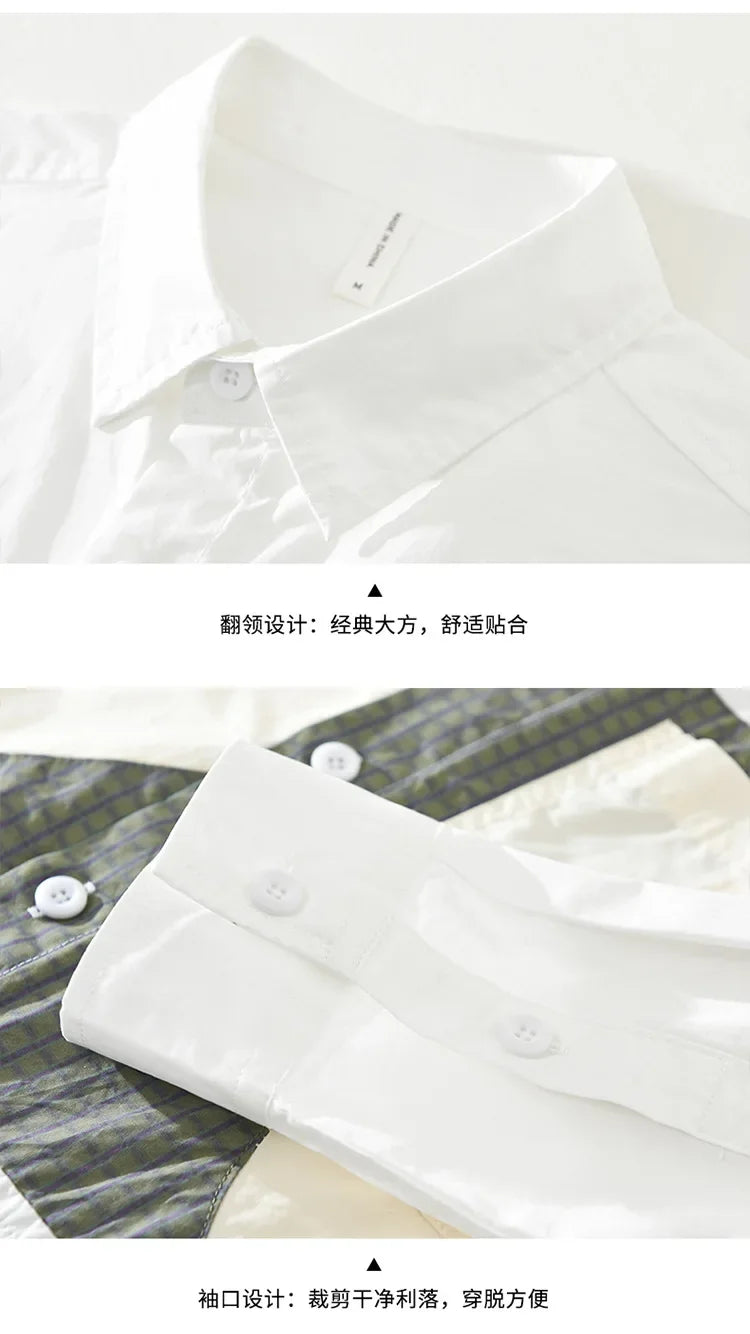 100% Cotton New White Shirt Men Spring Fall Daily Casual Long Sleeve Shirt Man Patchwork Design Shirt Streetwear Fashion Shirts
