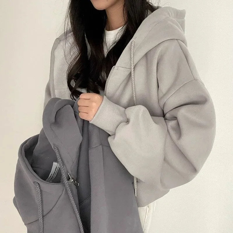 2023 Autumn/Winter New Fleece-Lined Versatile Fashion Cropped Slim Zippered Warm Solid Color Hooded Sweatshirt For Women