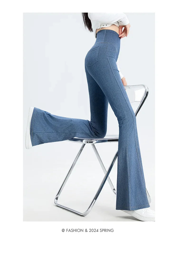2024 New Women's Denim Shark Pants Outerwear Thin Leggings Bell-Bottom Tummy Control Underwear Summer Fashion