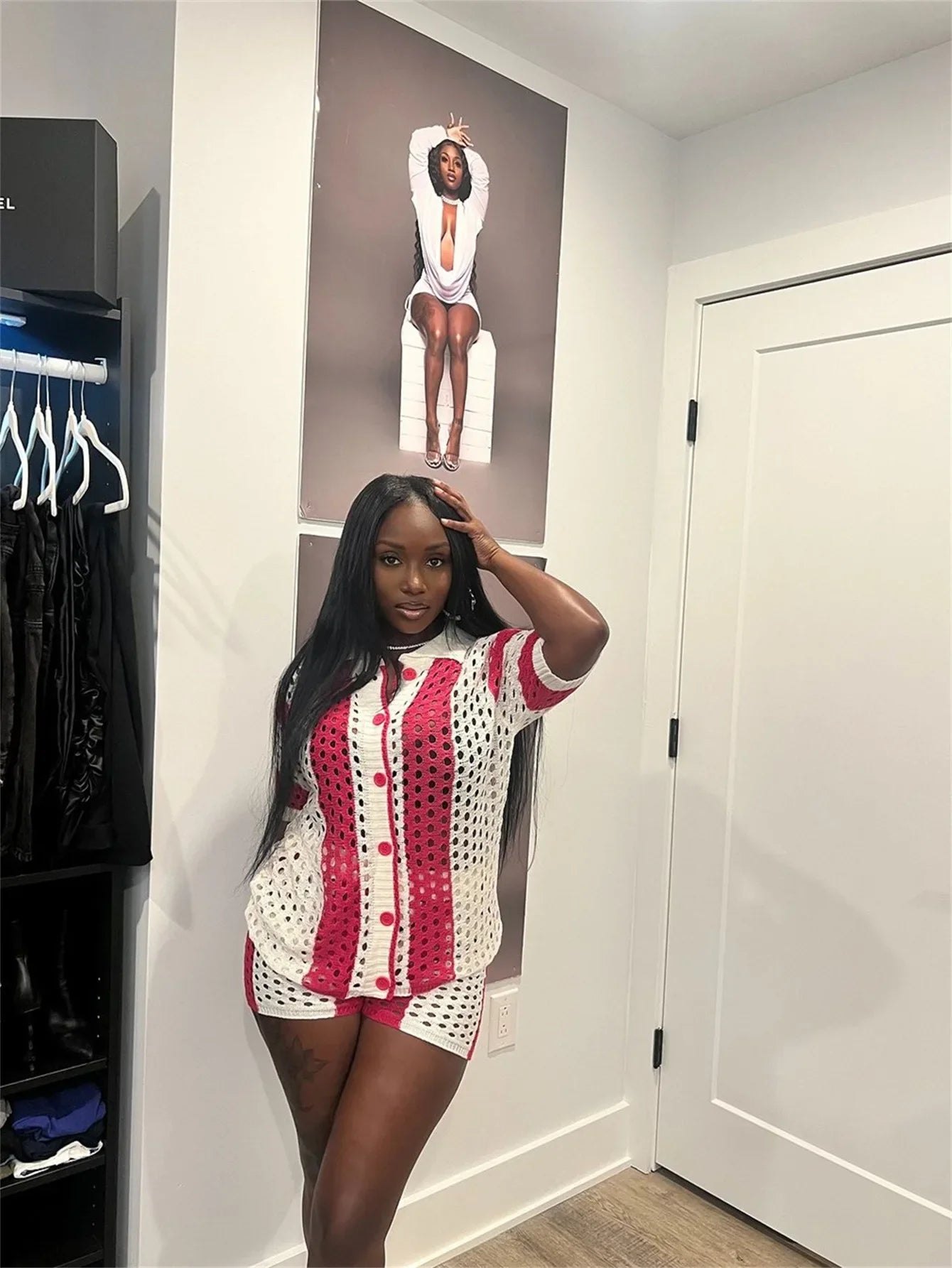 2024 Autumn Fashionable Striped Casual Loose-Fit Short Sleeve Lapel Top Short Skirt Set European American Cross-Border Style