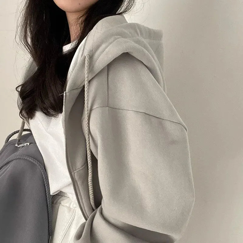 2023 Autumn/Winter New Fleece-Lined Versatile Fashion Cropped Slim Zippered Warm Solid Color Hooded Sweatshirt For Women