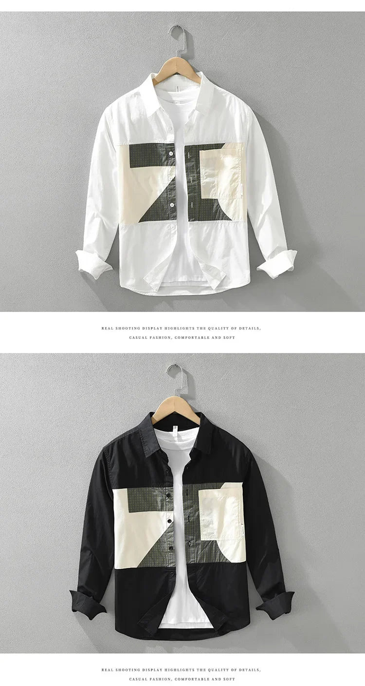 100% Cotton New White Shirt Men Spring Fall Daily Casual Long Sleeve Shirt Man Patchwork Design Shirt Streetwear Fashion Shirts