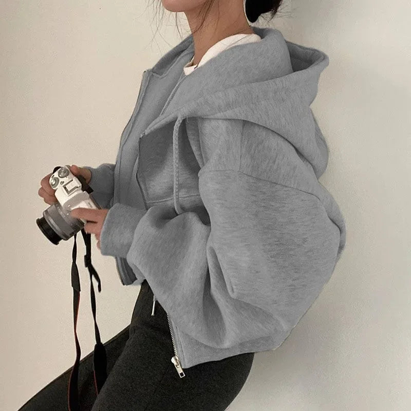 2023 Autumn/Winter New Fleece-Lined Versatile Fashion Cropped Slim Zippered Warm Solid Color Hooded Sweatshirt For Women