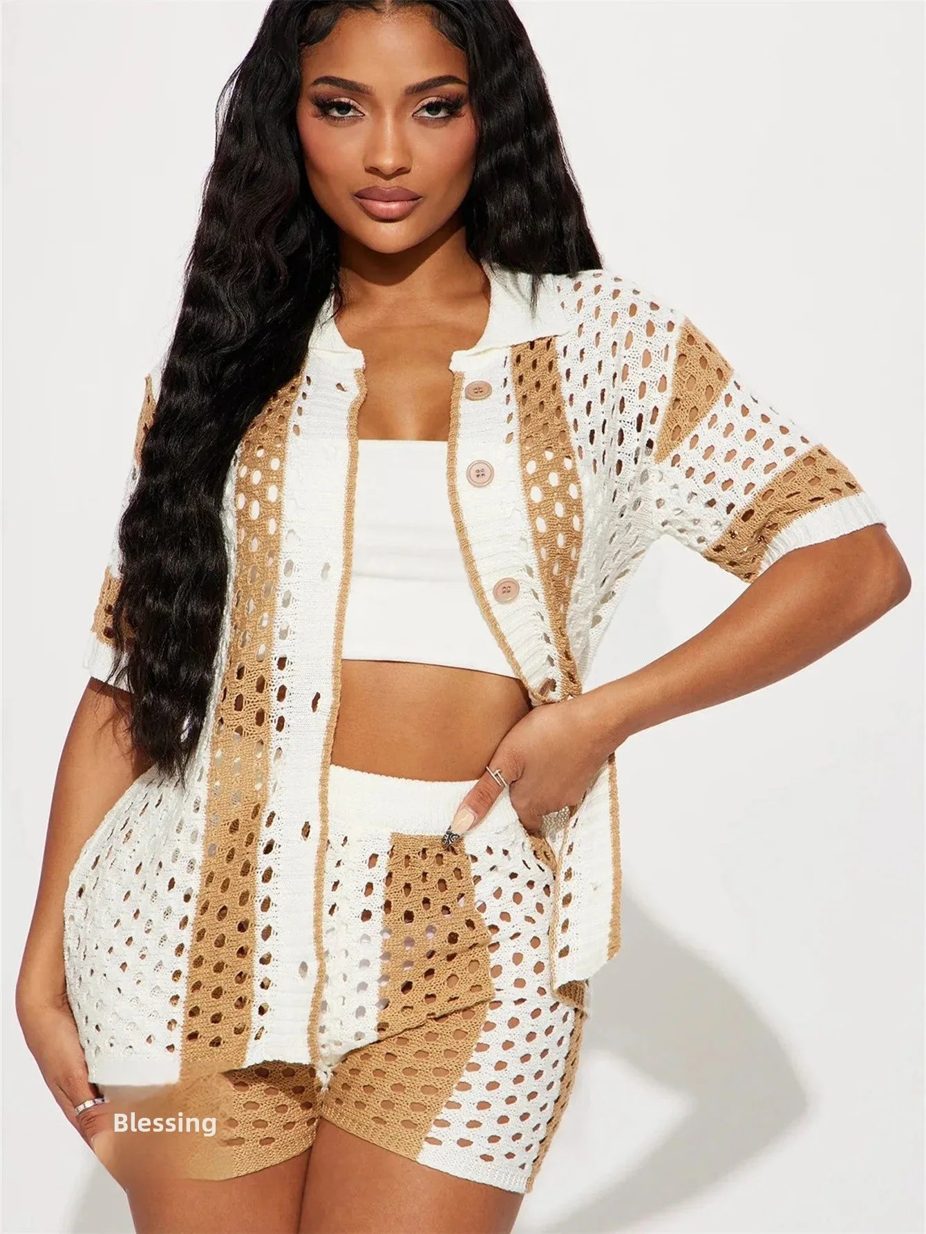 2024 Autumn Fashionable Striped Casual Loose-Fit Short Sleeve Lapel Top Short Skirt Set European American Cross-Border Style