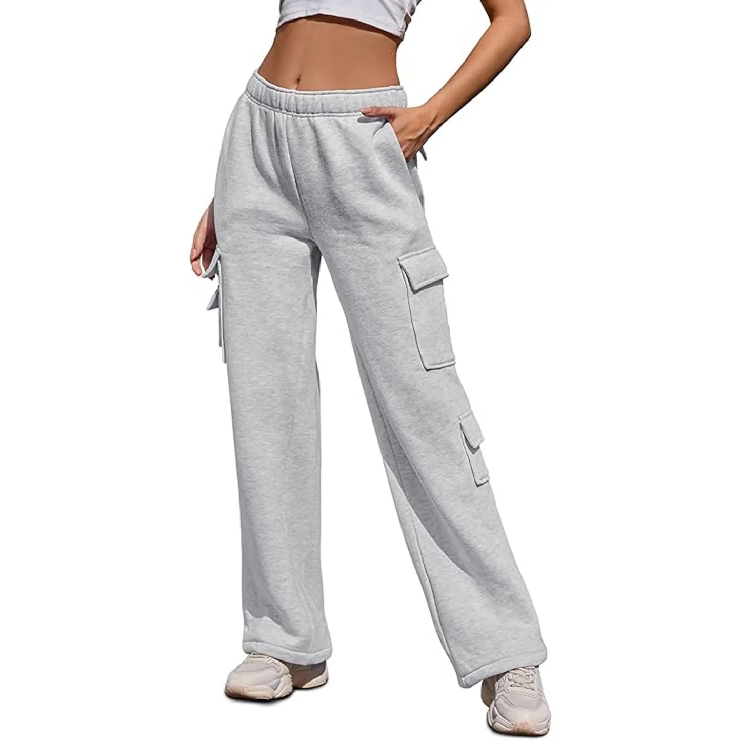 Womens Cargo Sweatpants Wide Leg Fleece Lined Pants For Women Fall Winter Baggy High Waisted Joggers Pant With Pockets Mujer