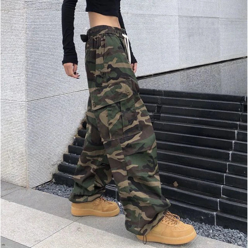 100% Pure Cotton Camo Cargo Pants Women Y2K Vintage Streetwear Joggers Sweatpants Bf Oversized Loose Hip Hop Wide Leg Trousers