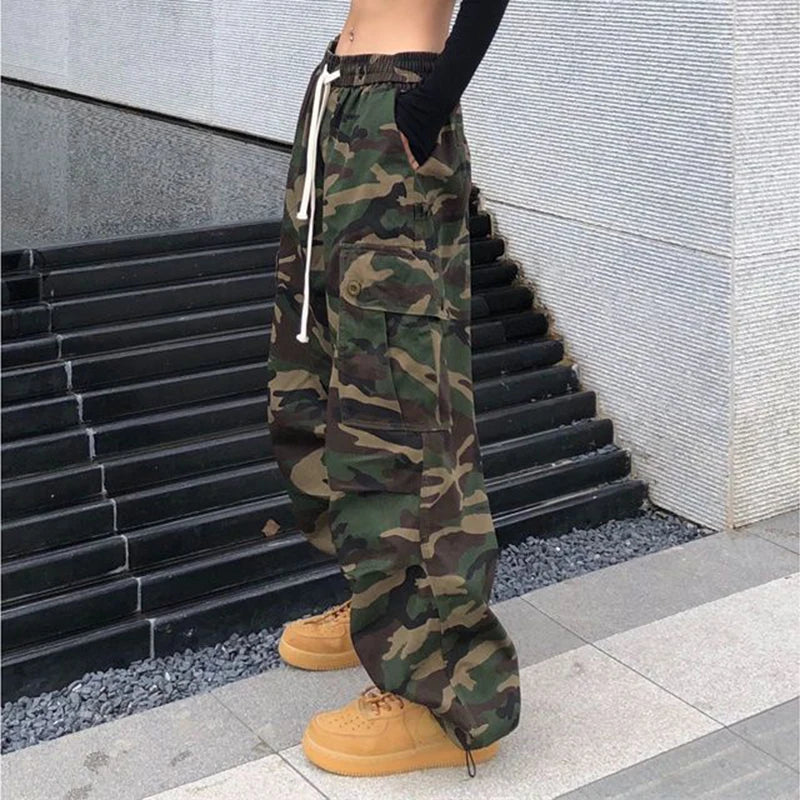 100% Pure Cotton Camo Cargo Pants Women Y2K Vintage Streetwear Joggers Sweatpants Bf Oversized Loose Hip Hop Wide Leg Trousers