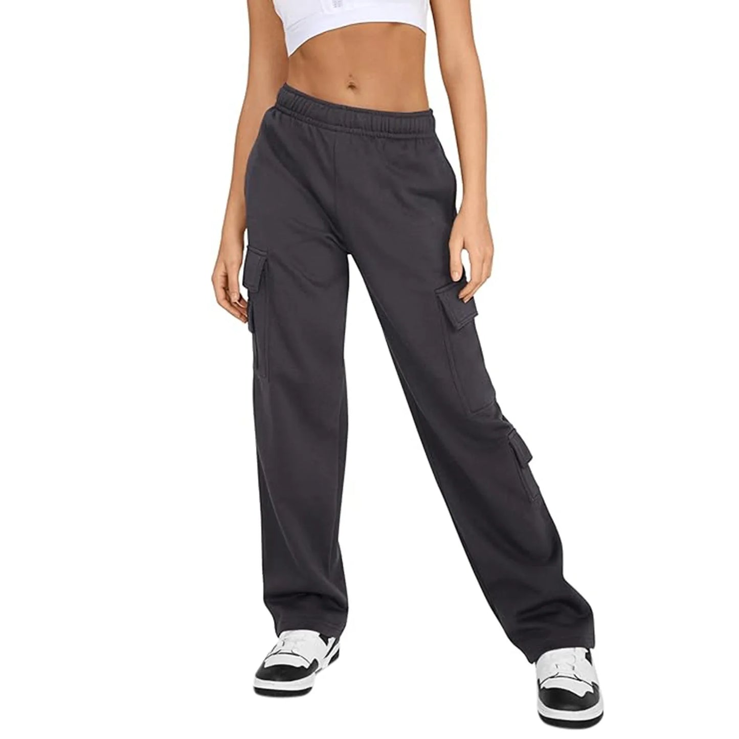 Womens Cargo Sweatpants Wide Leg Fleece Lined Pants For Women Fall Winter Baggy High Waisted Joggers Pant With Pockets Mujer
