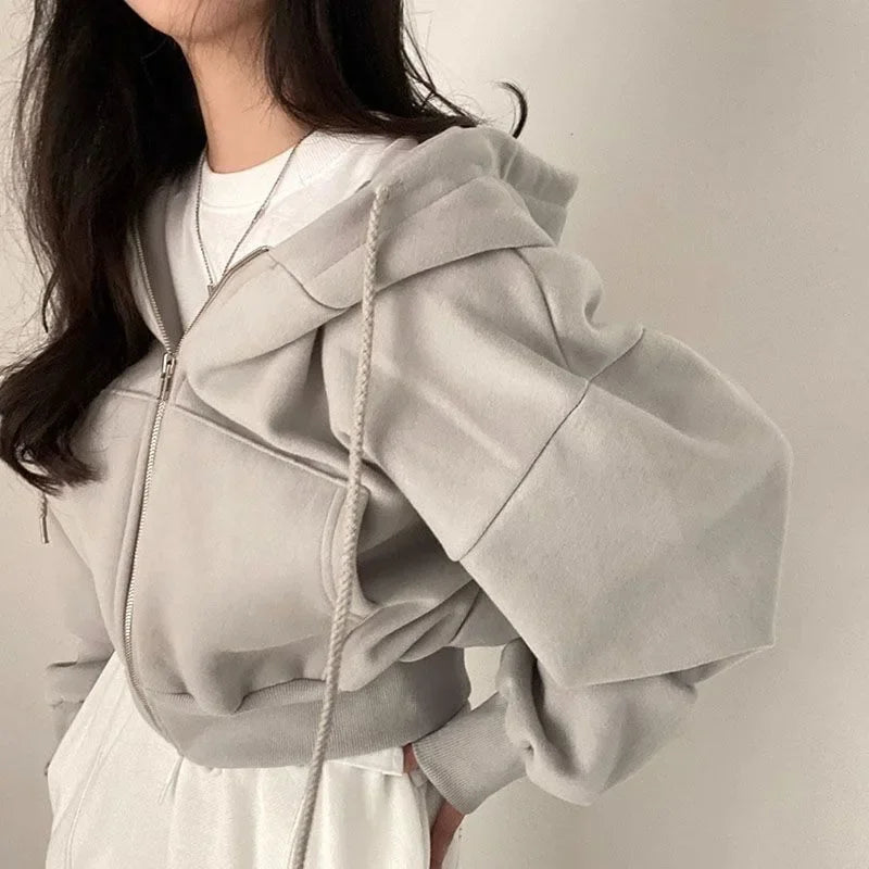 2023 Autumn/Winter New Fleece-Lined Versatile Fashion Cropped Slim Zippered Warm Solid Color Hooded Sweatshirt For Women