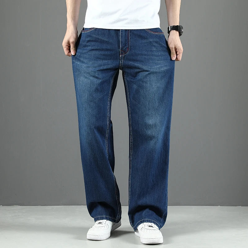 100% Cotton Men's Summer Thin Jeans Classic Straight Baggy Denim Pants Brand Comfortable Casual Trousers Plus Size 42 44 46 48