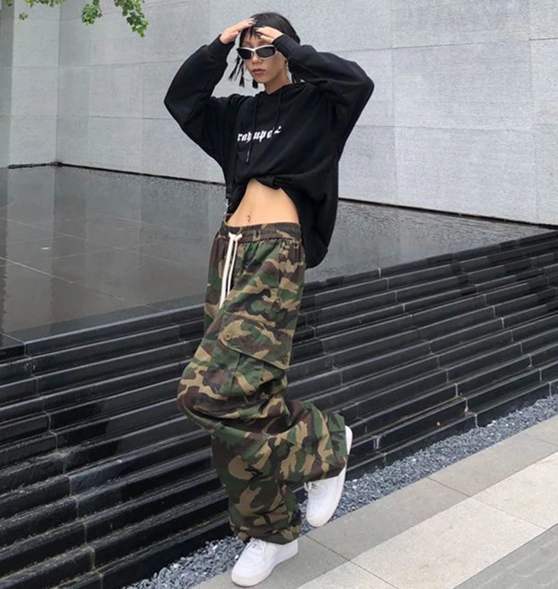 100% Pure Cotton Camo Cargo Pants Women Y2K Vintage Streetwear Joggers Sweatpants Bf Oversized Loose Hip Hop Wide Leg Trousers