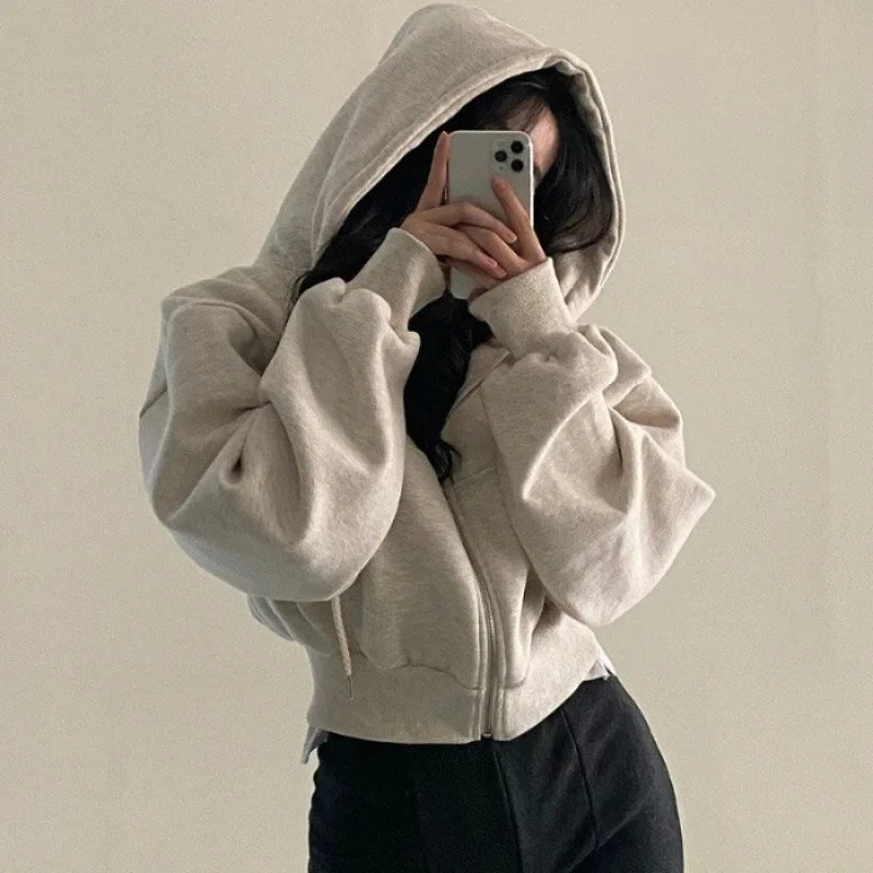 2023 Autumn/Winter New Fleece-Lined Versatile Fashion Cropped Slim Zippered Warm Solid Color Hooded Sweatshirt For Women