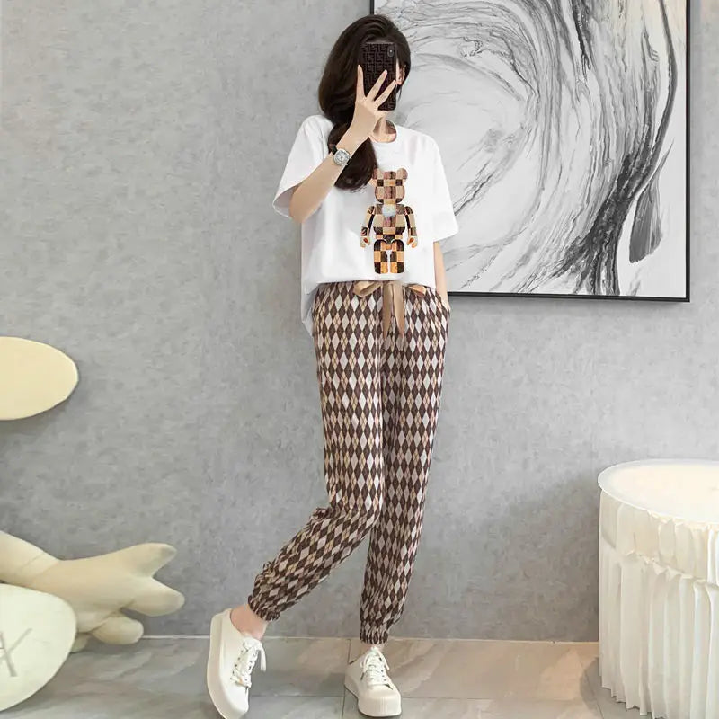 2 Piece Set for Women 2023 Summer Korean Fashion Bear Printed High Waist Wide Leg Pants Loose Short Sleeve T Shirt Women Clothes