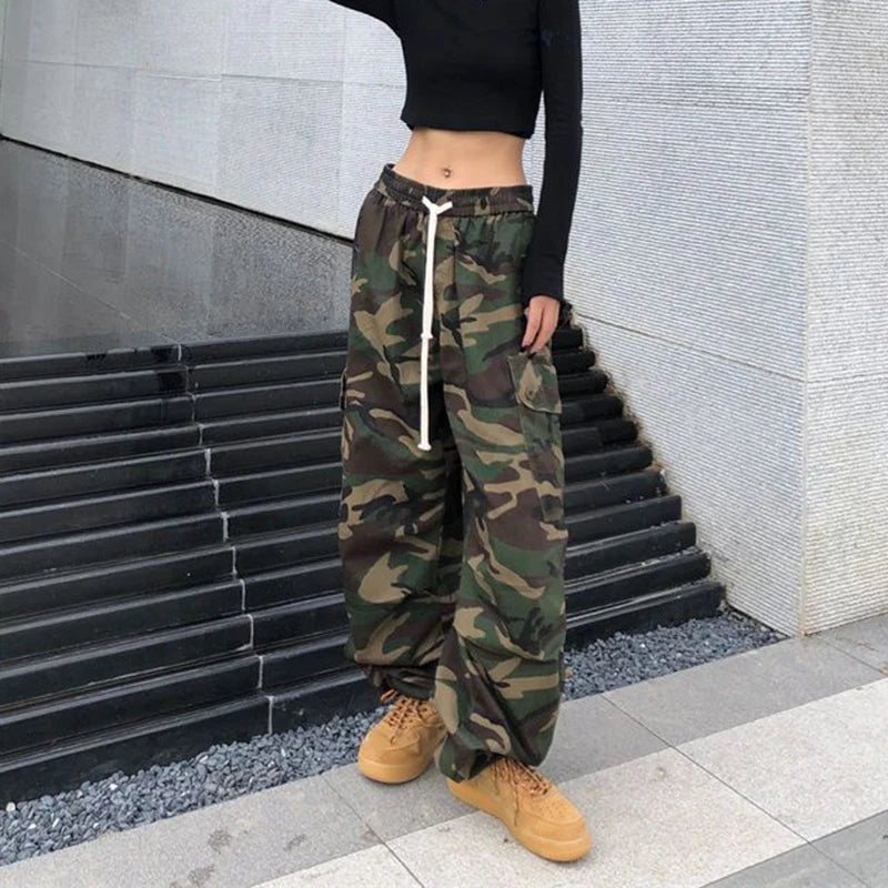 100% Pure Cotton Camo Cargo Pants Women Y2K Vintage Streetwear Joggers Sweatpants Bf Oversized Loose Hip Hop Wide Leg Trousers