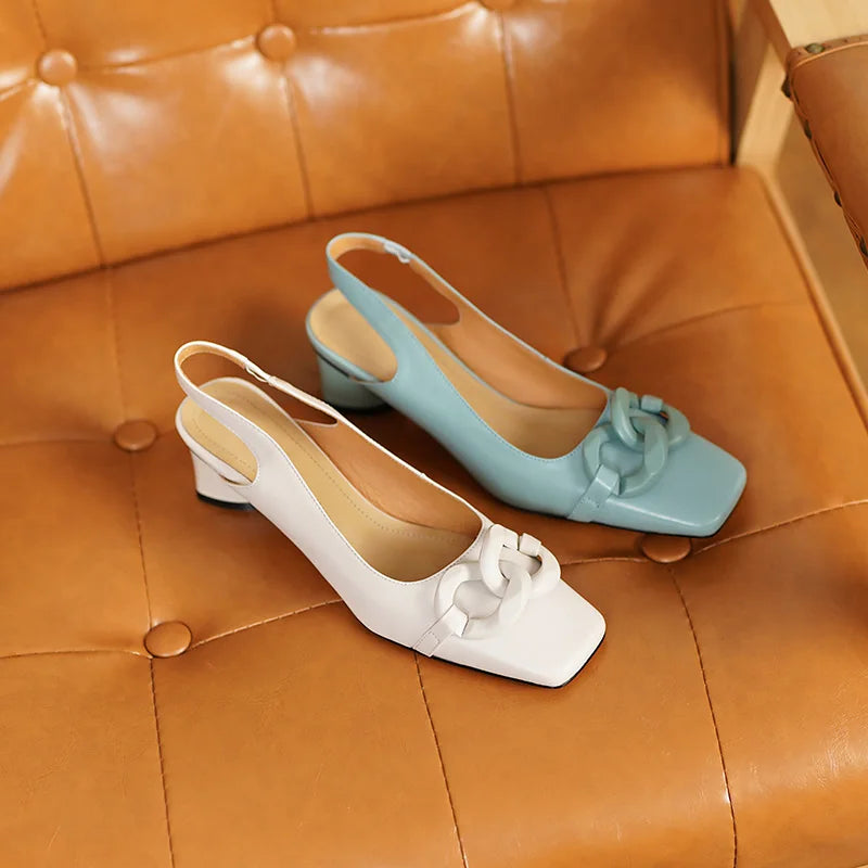 【JOCHEBED HU】new brand summer new style fashion women genuine personality leather buckle square toe thick heel shoes 34-43