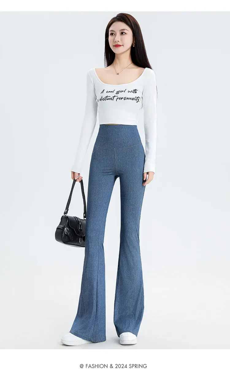 2024 New Women's Denim Shark Pants Outerwear Thin Leggings Bell-Bottom Tummy Control Underwear Summer Fashion