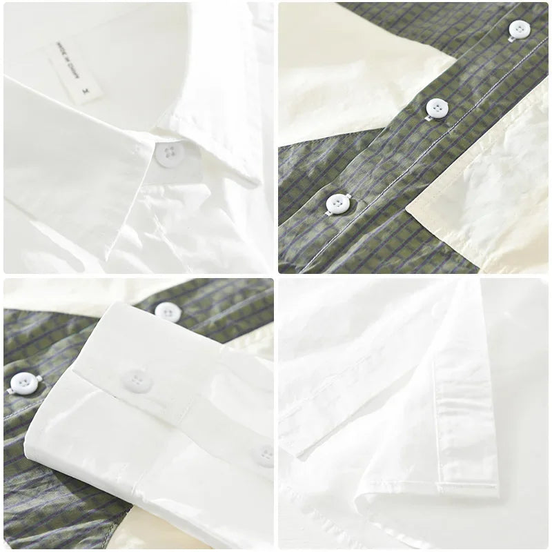 100% Cotton New White Shirt Men Spring Fall Daily Casual Long Sleeve Shirt Man Patchwork Design Shirt Streetwear Fashion Shirts
