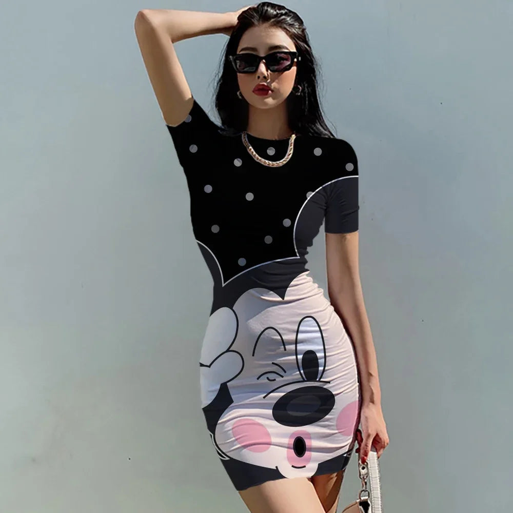 Disney Minnie Mickey Mouse bow print Elegant Pencil Dress Womens Simple Sheath Office Dresses Summer Short sleeve Casual Vestido