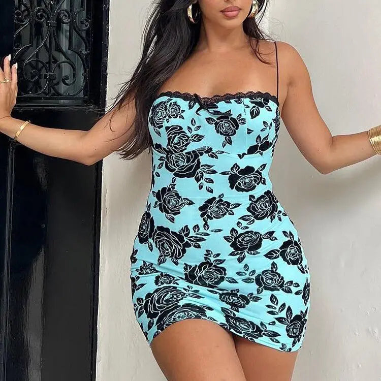 Nibber Flower Print Satin Mini Dress Trimmed Lace For Women Stunning Aesthetic Elegant Sleeveless Evening Dresses Female Vestido