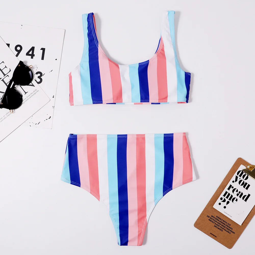 Sexy Striped Swimwear Women 2025 Push Up High Waist Bikini Halter Bikini Set Hollow Out Print Bathing Suit Two Piece Swimsuit