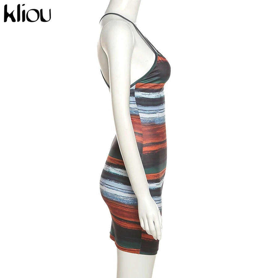 Kliou Panelled Striped Mini Dresses Aesthetic Women Sexy Skinny Slash Neck Camisole Backless Vintage Midnight Clubwear Outfits