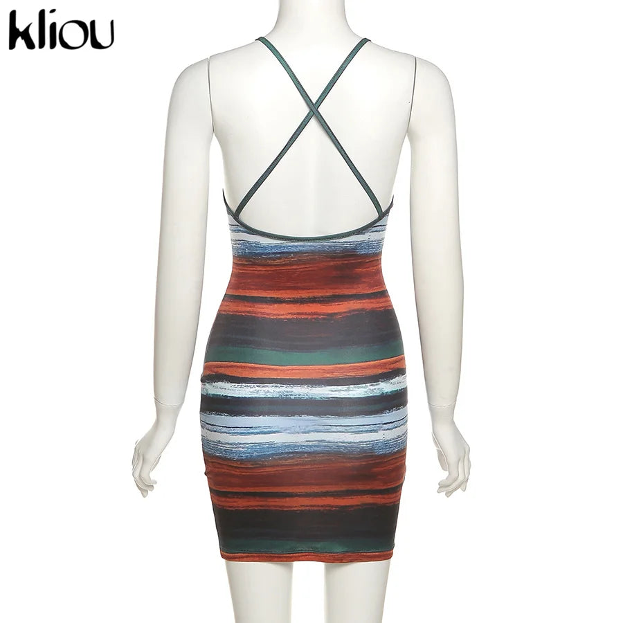 Kliou Panelled Striped Mini Dresses Aesthetic Women Sexy Skinny Slash Neck Camisole Backless Vintage Midnight Clubwear Outfits