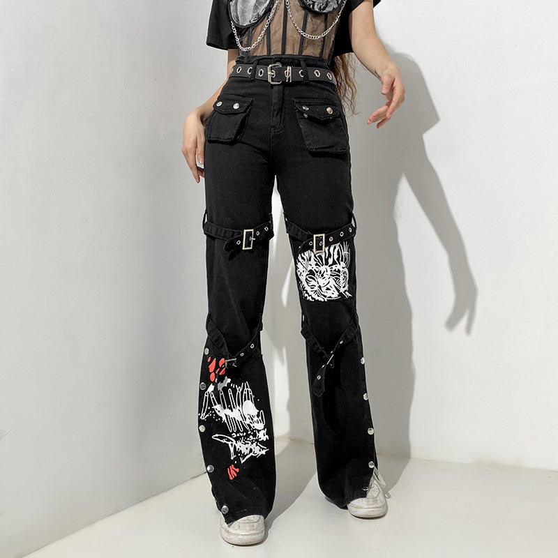 E-girl Gothic Black Cargo Pants Capri Women Low Waist Jeans Long Trousers Y2K Grunge Vintage Hip Hop Punk Harajuku Streetwear