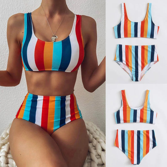 Sexy Striped Swimwear Women 2025 Push Up High Waist Bikini Halter Bikini Set Hollow Out Print Bathing Suit Two Piece Swimsuit