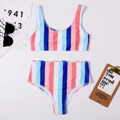 Sexy Striped Swimwear Women 2025 Push Up High Waist Bikini Halter Bikini Set Hollow Out Print Bathing Suit Two Piece Swimsuit