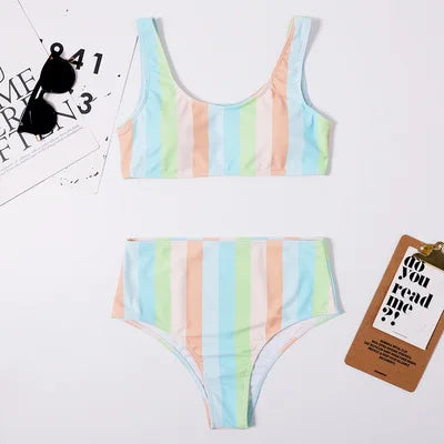 Sexy Striped Swimwear Women 2025 Push Up High Waist Bikini Halter Bikini Set Hollow Out Print Bathing Suit Two Piece Swimsuit