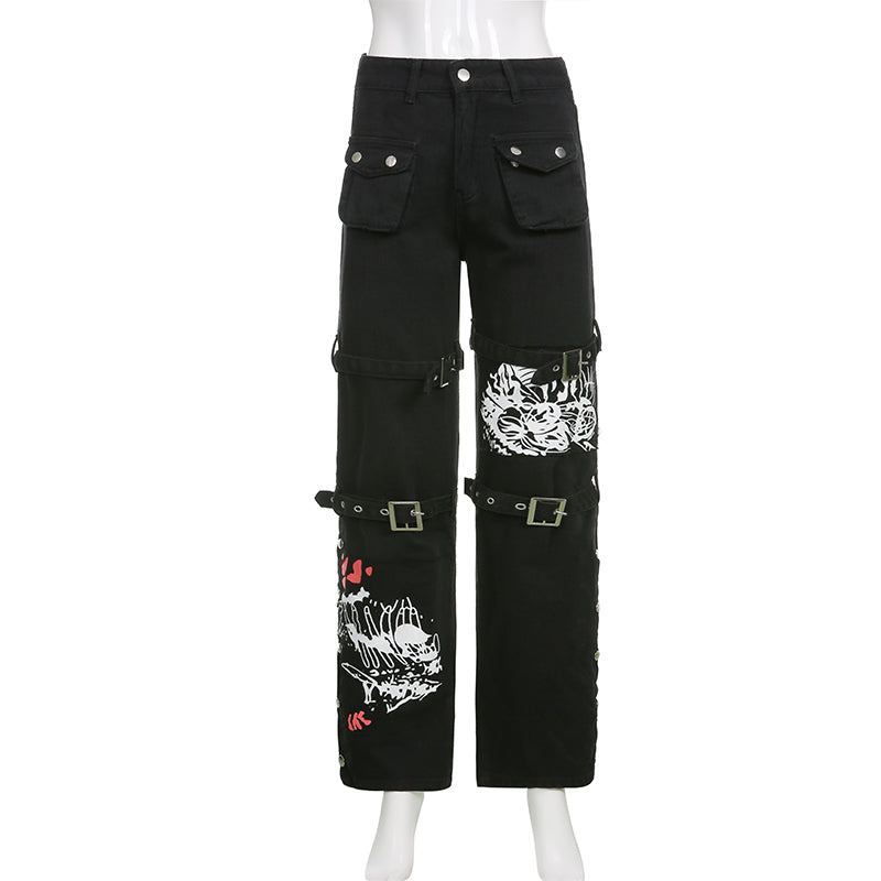 E-girl Gothic Black Cargo Pants Capri Women Low Waist Jeans Long Trousers Y2K Grunge Vintage Hip Hop Punk Harajuku Streetwear