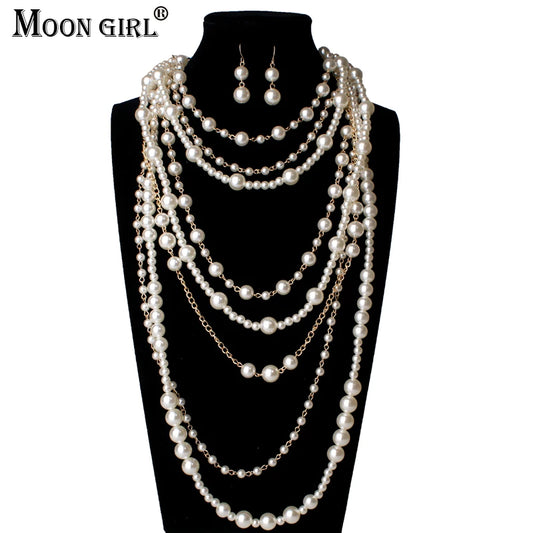 New MOON GIRL Multi-layer Simulated Pearls Chain Long Necklace Trendy Statement Choker Necklace for women Fashion Jewelry