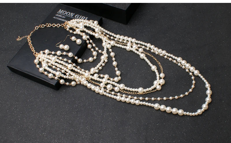 New MOON GIRL Multi-layer Simulated Pearls Chain Long Necklace Trendy Statement Choker Necklace for women Fashion Jewelry