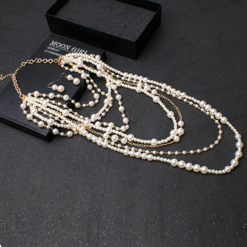 New MOON GIRL Multi-layer Simulated Pearls Chain Long Necklace Trendy Statement Choker Necklace for women Fashion Jewelry