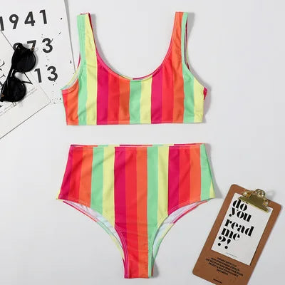 Sexy Striped Swimwear Women 2025 Push Up High Waist Bikini Halter Bikini Set Hollow Out Print Bathing Suit Two Piece Swimsuit