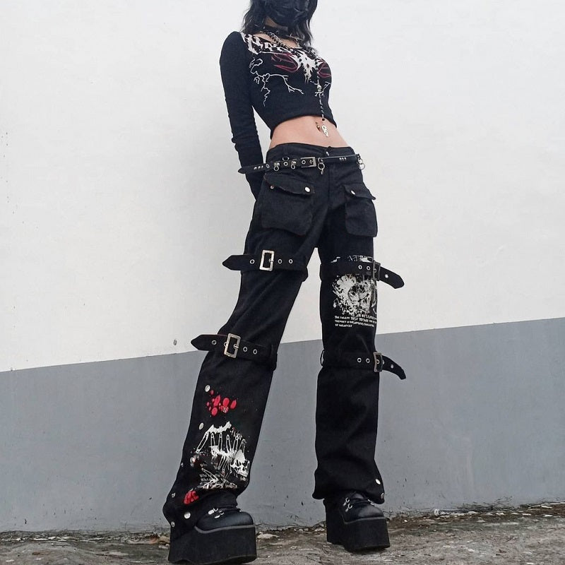 E-girl Gothic Black Cargo Pants Capri Women Low Waist Jeans Long Trousers Y2K Grunge Vintage Hip Hop Punk Harajuku Streetwear