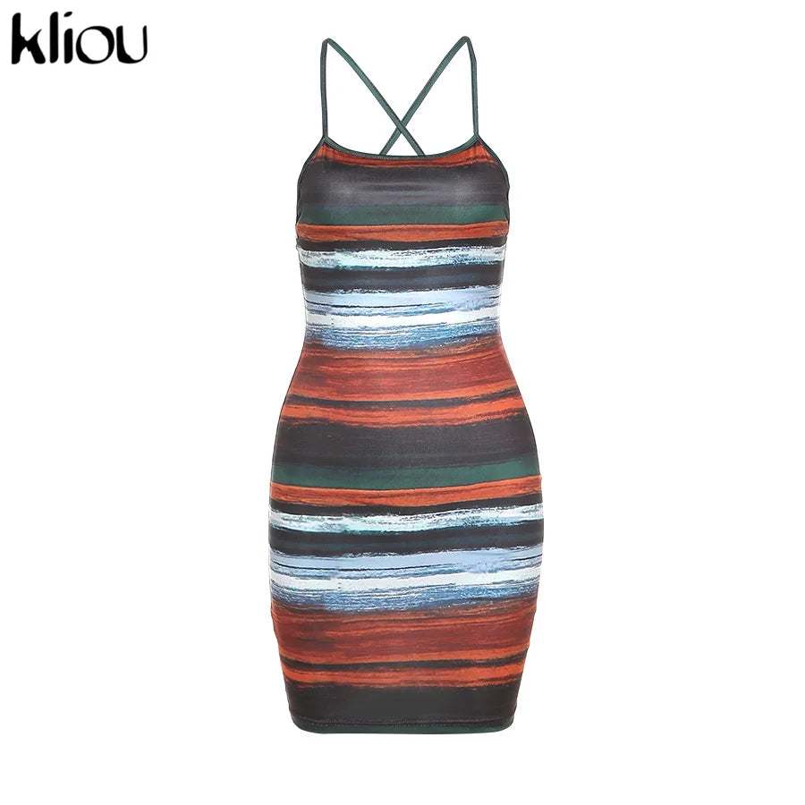 Kliou Panelled Striped Mini Dresses Aesthetic Women Sexy Skinny Slash Neck Camisole Backless Vintage Midnight Clubwear Outfits