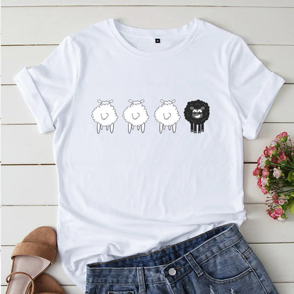 2024 Summer Female Tees Sheep Graphic T Shirts Short Sleeve T-Shirt Women's Tops Oversized Cotton Tshirt Women Clothing