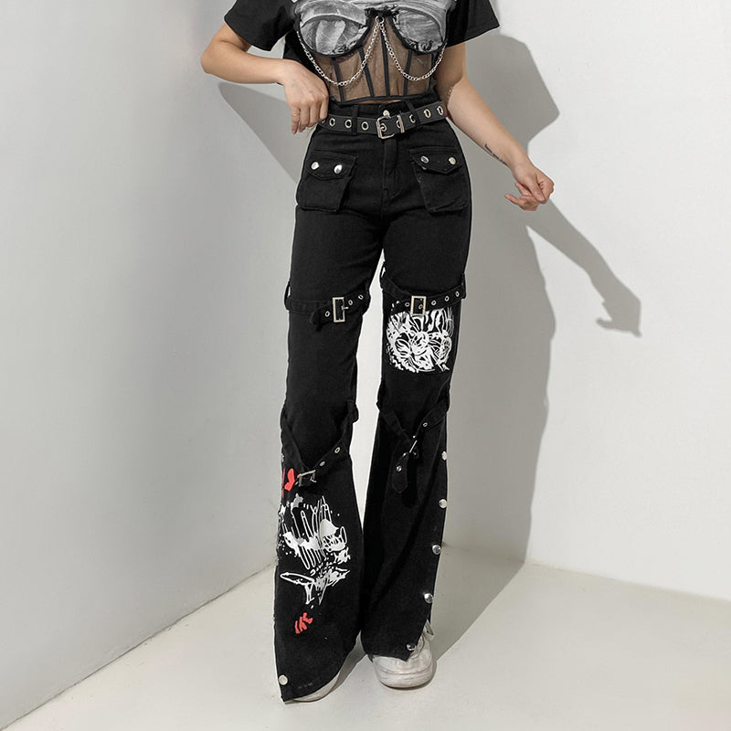 E-girl Gothic Black Cargo Pants Capri Women Low Waist Jeans Long Trousers Y2K Grunge Vintage Hip Hop Punk Harajuku Streetwear