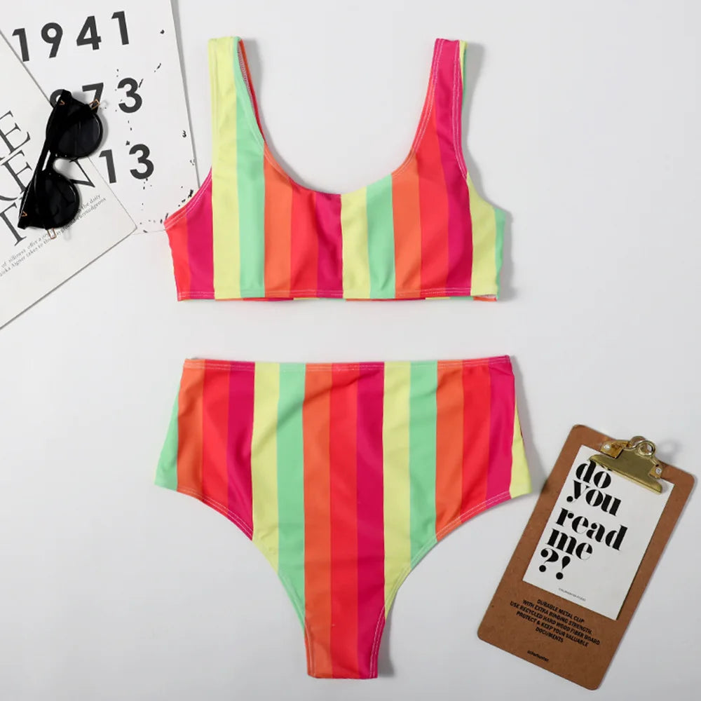 Sexy Striped Swimwear Women 2025 Push Up High Waist Bikini Halter Bikini Set Hollow Out Print Bathing Suit Two Piece Swimsuit