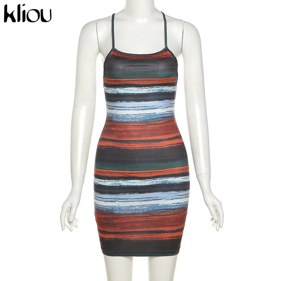 Kliou Panelled Striped Mini Dresses Aesthetic Women Sexy Skinny Slash Neck Camisole Backless Vintage Midnight Clubwear Outfits