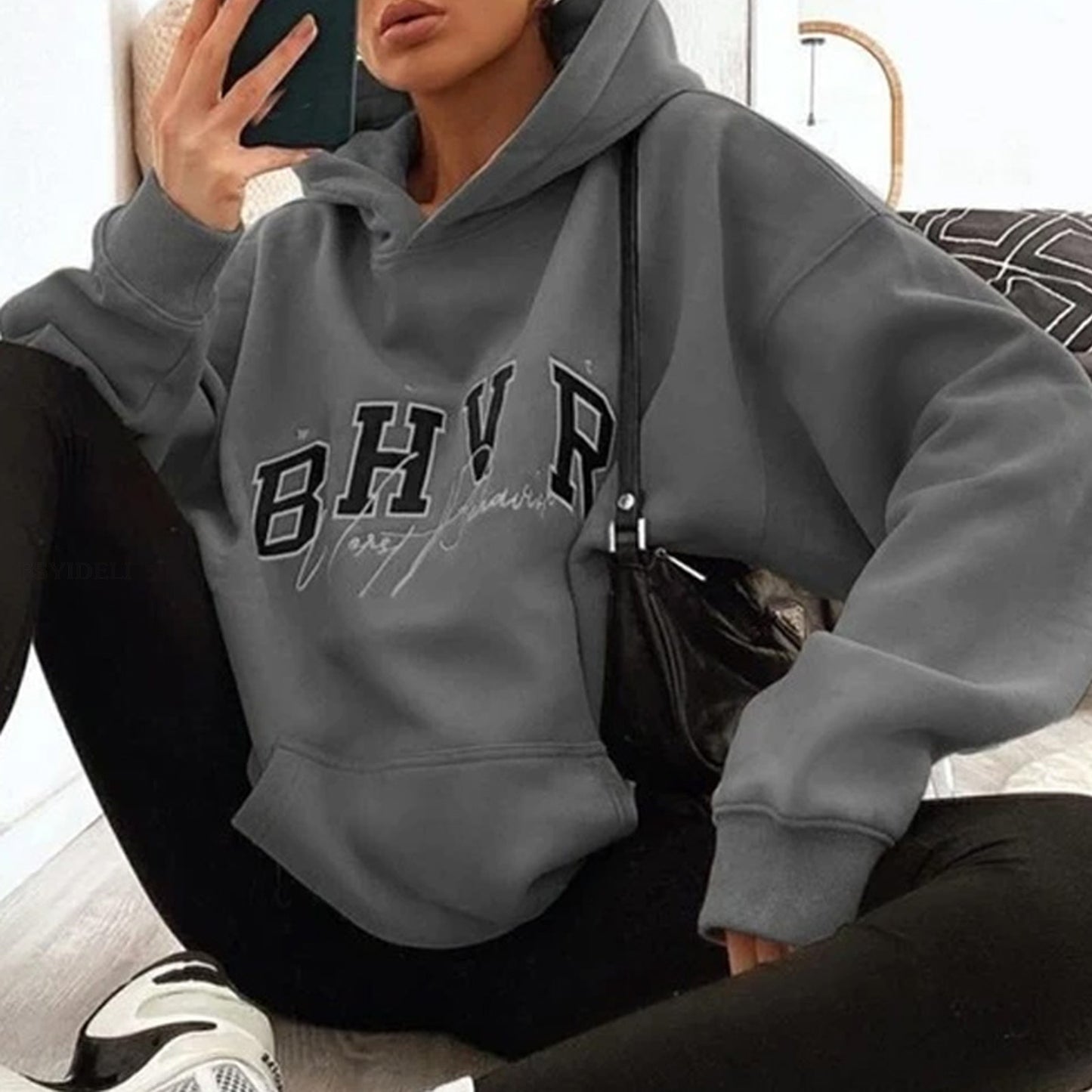 Harajuku Fashion Casual Women's Hoodie Autumn Winter Bhvr Game Letter Printing Plus Fleece Warm Long Sleeve Y2k Pullover Hoodie