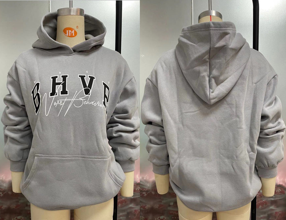 Harajuku Fashion Casual Women's Hoodie Autumn Winter Bhvr Game Letter Printing Plus Fleece Warm Long Sleeve Y2k Pullover Hoodie