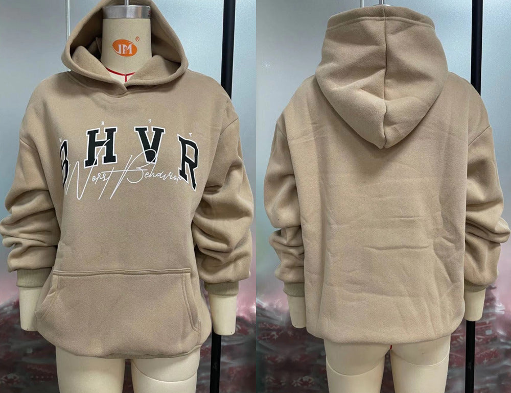 Harajuku Fashion Casual Women's Hoodie Autumn Winter Bhvr Game Letter Printing Plus Fleece Warm Long Sleeve Y2k Pullover Hoodie