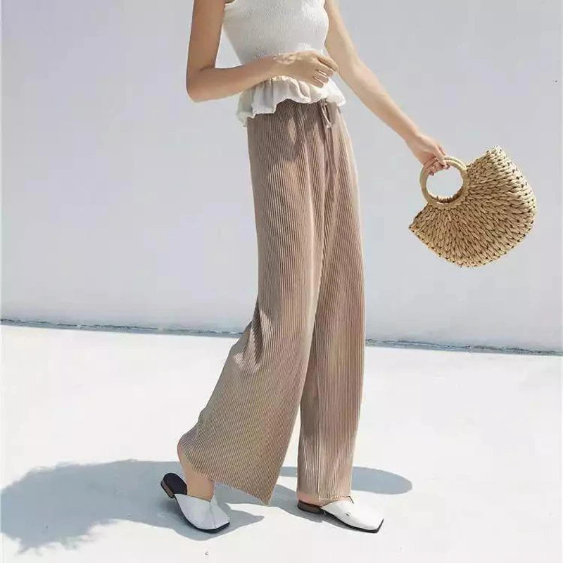 Women Fashion Summer Wide Leg Pants Pleated Ice Silk Trousers Elastic Waist Loose Casual Pants