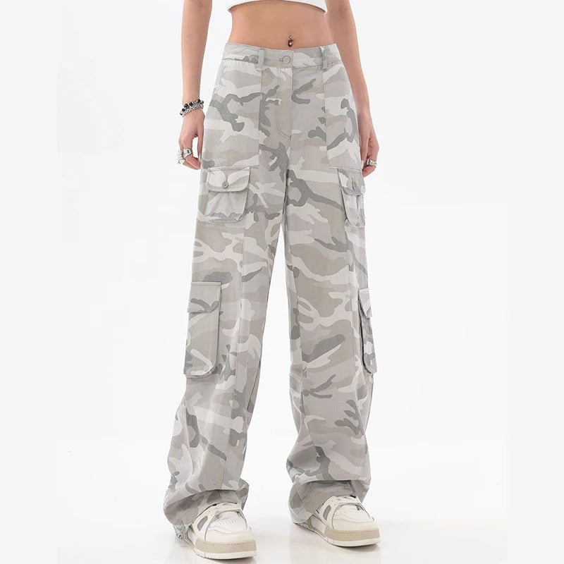 Female Hip Hop Grey Camouflage Cargo Pants American Style Y2K Oversized Loose Straight Wide Leg Pants Vintage Casual Sweatpants