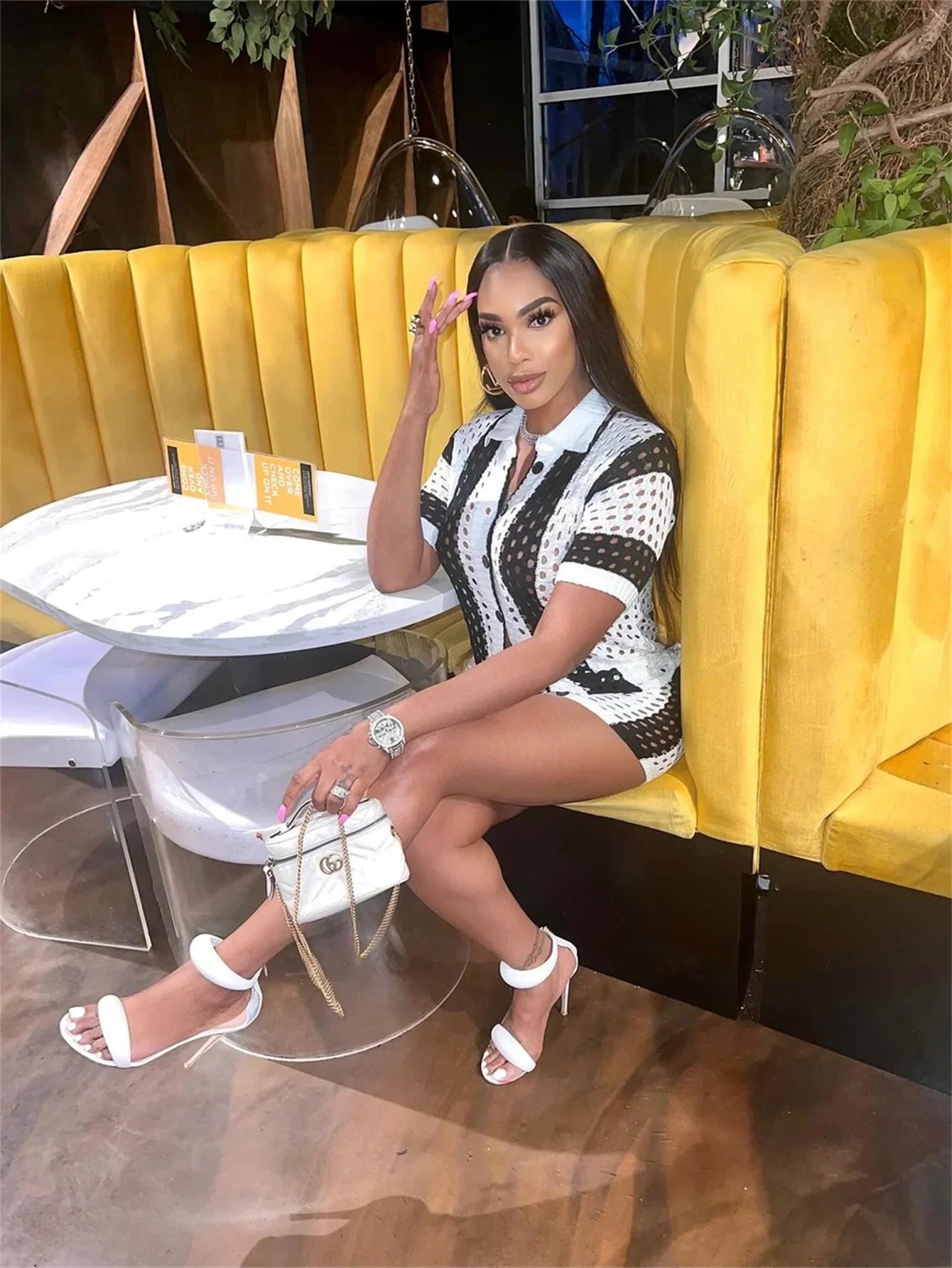 2024 Autumn Fashionable Striped Casual Loose-Fit Short Sleeve Lapel Top Short Skirt Set European American Cross-Border Style