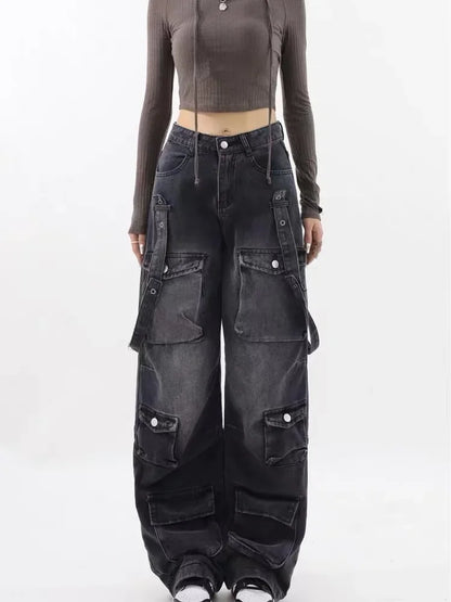 2023 American style retro street camouflage overalls women's hip-hop fried street wide-leg casual pants high street ins tide Y2K