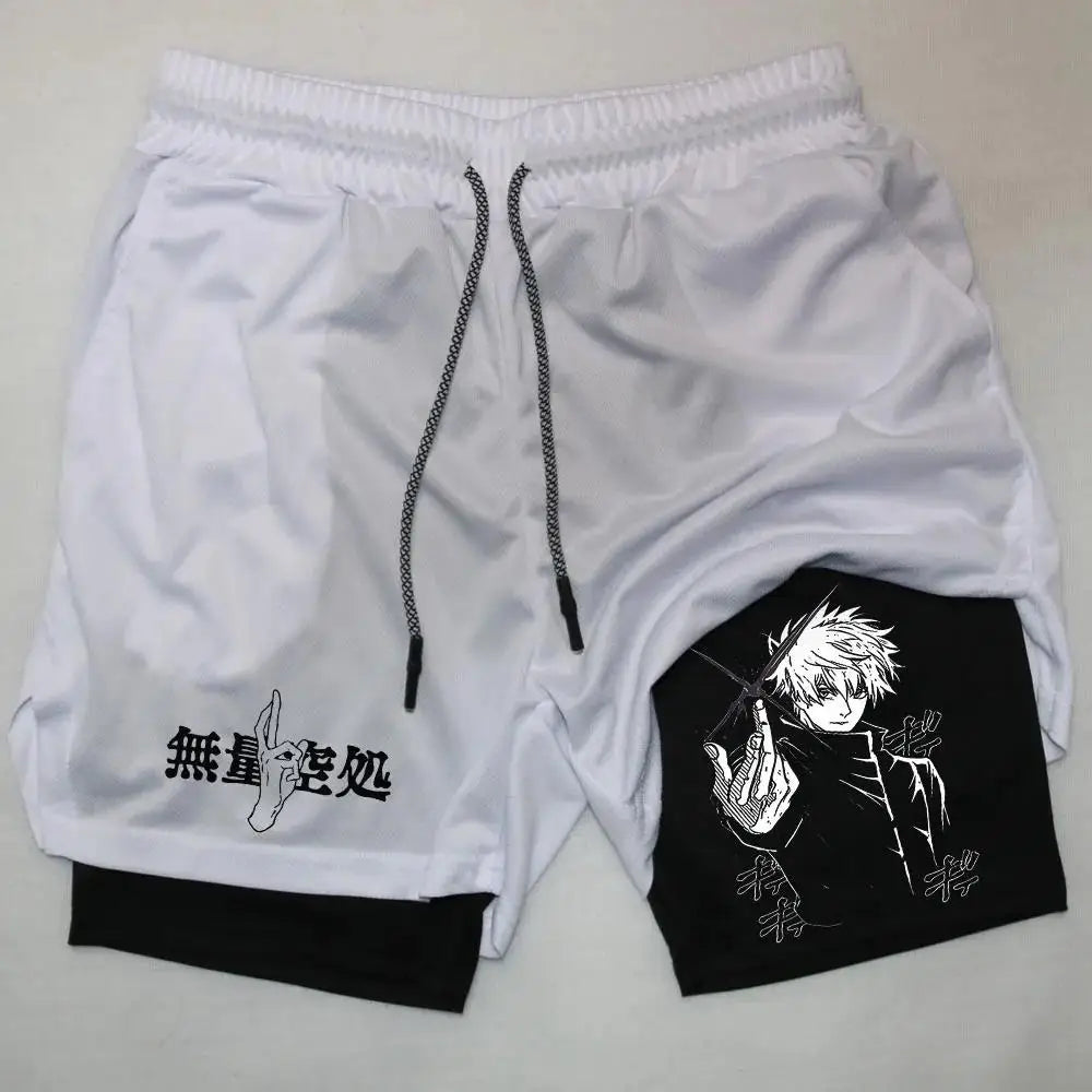 Anime Jujutsu Kaisen GYM Shorts Men Double-deck Sport Performance Shorts Fitness Workout Men Sportswear Bodybuilding Shorts